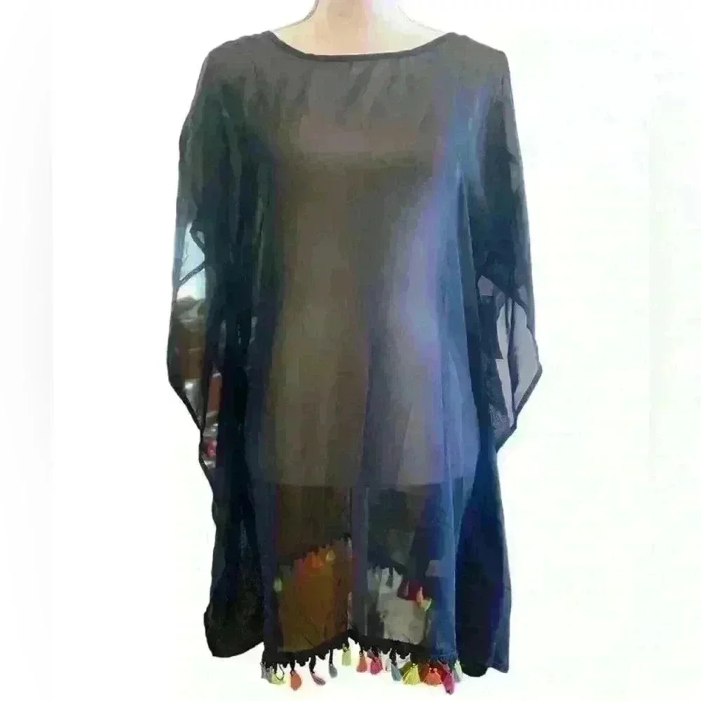 MIKEN Swim Coverup Black Tassles sz M